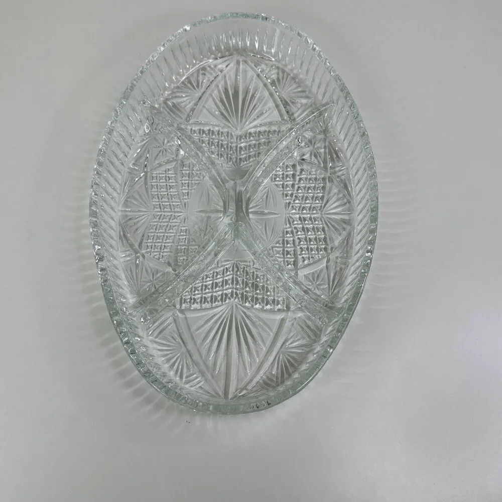 Libbey Clarion Clear Glass Divided Oval Serving Tray With Starburst Design